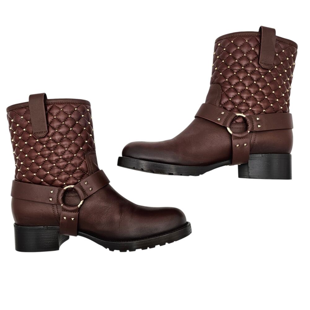 Valentino Garavani Rockstud Quilted Moto Harness Boot Brown Leather 40 US 10 - Picture 5 of 11